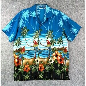 Uluwatu Hawaiian Shirt Large Men Blue Parrots Birds Island Beach Palm Tree